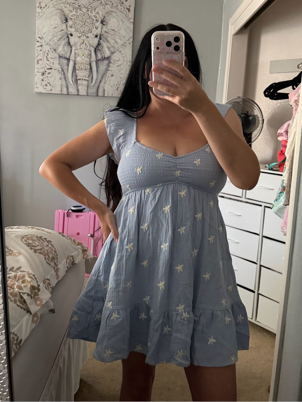 Light Blue Floral Embroidered Smocked Shirred Mini Babydoll Dress XS